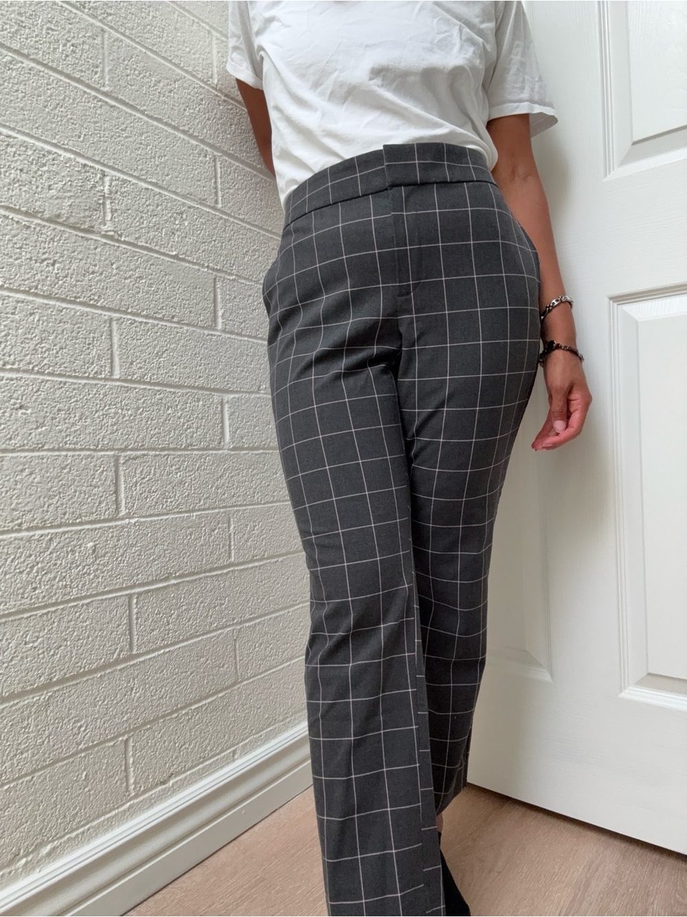 LOFT Grey & Pink Windowpane Tailored Trousers